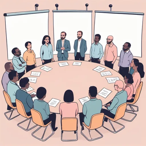 Prompt: Generate a cartoon of an agile  conference session where the people are standing like in a scrum daily stand-up meeting. use pastel colors. please remember to consider diversity when drawing people and add some ethnic minorities and women.