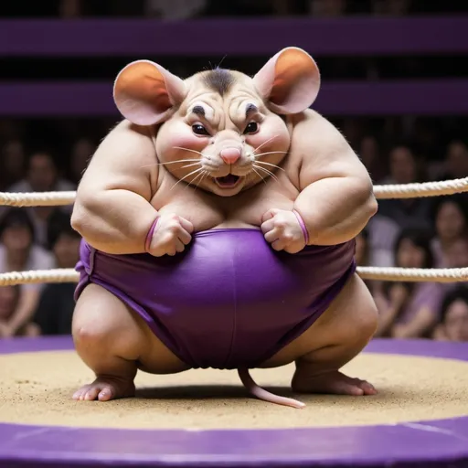Prompt: a mouse wrestles with a sumo wrester in a purple wrestling -ring. 