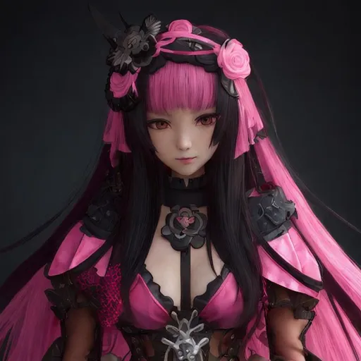 Prompt: highly detailed anime goddess with black and pink armor and long pink hair 