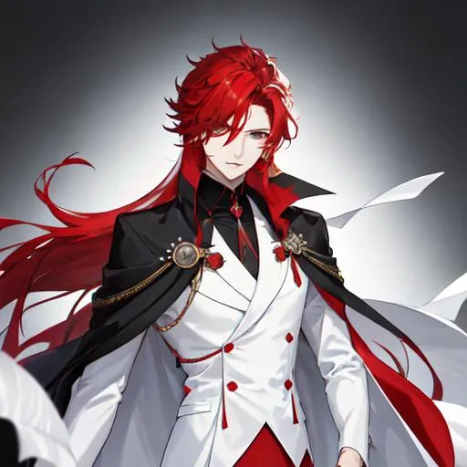 Prompt: Zerif 1male (Red side-swept hair covering his right eye) wearing a black royal suit, white cape, 