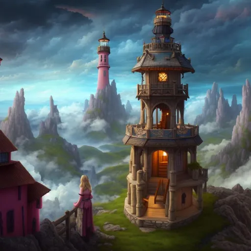 Prompt: Extremely high quality, photorealistic Glorious Lookout tower overlooking a fantasy landscaoe with a dark blue sky and pink clouds throughout