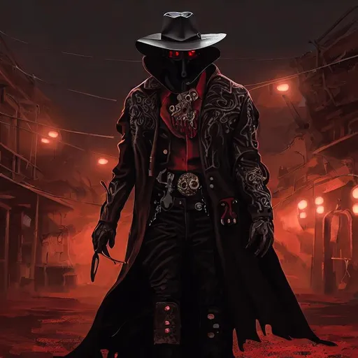 Prompt: Cyber Cowboy with 4 Arms, fiery red Poncho, Dressed in black duster and Stetson Cowboy Hat, with Red eyes, Haunting Presence, Intricately Detailed, Hyperdetailed, Desert Wild West Landscape, Dusty Midnight Lighting, Wild West Feel