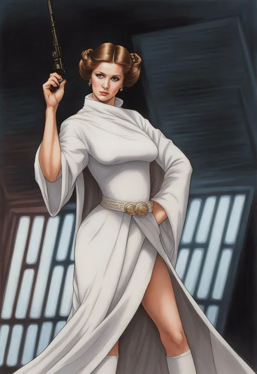 A beautiful Carrie Fisher as Princess Leia, round fa... | OpenArt