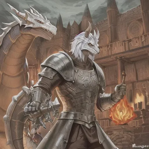 Prompt: ilustración medieval de fantasía 2D dragonborn blanco con cola de dragón en armadura de caballero sin casco