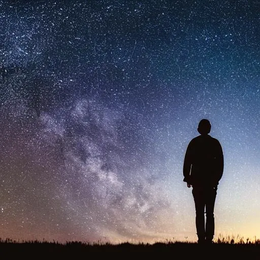Prompt: a person standing on the edge of the hill and looking at the galactic sky
