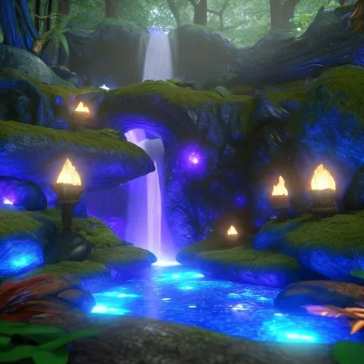 Prompt: Envision a glowing waterfall in a lush forest. Fantasy, another dimension. Hyperrealistic, UHD, HD, 8K, a portal rests besides the river