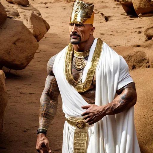 Prompt: dwayne johnson, moustache, pharoah, white gown, gold head dress