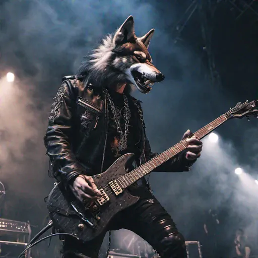 Prompt: ultrarealistic_ angry hunmanoid  wolf lead guitar player in goth metal band_wearing leather and chains_playing music on stage_cenimatic long shot 4k_fire on stage
