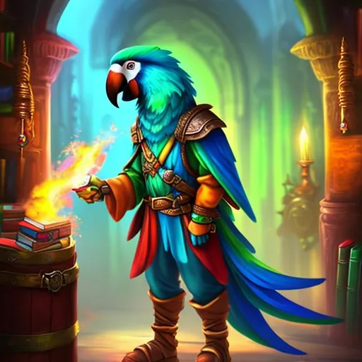 Prompt: A vibrantly colored anthro parrot sorcerer, with a peg leg, concept art, opening a door to a room full of books and scrolls,