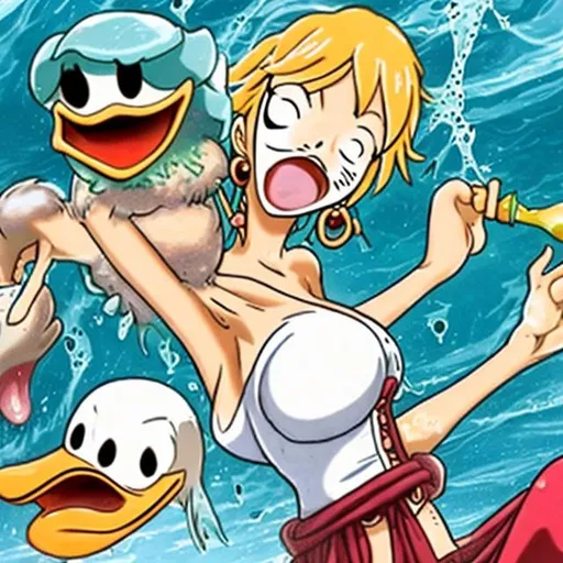 Prompt: nami from one piece holding donald duck's blood dripping tail after brutally chopping it off with a knife