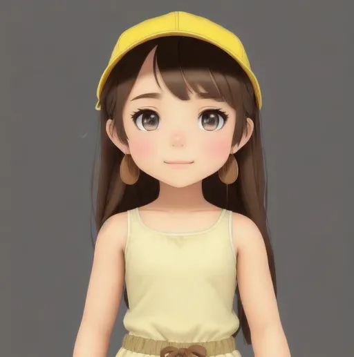 Prompt: A  young girl with chocolate brown hair that goes all the way down to her bottom, with hazel brown eyes and light tan skin, wearing comfy shorts and a sleeveless and strapless shirt and a cap all light yellow, also wearing light blue heart earrings, in a hand-drawn, storybook style, 2D. Perfect features, extremely detailed. Krenz Cushart + loish +gaston bussiere +craig mullins, j. c. leyendecker +Artgerm.