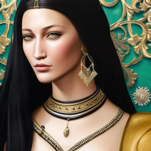 Prompt: Close-up Portrait of young {Bella Hadid} with {long black} hair and with cute face, {in a medieval dress}, perfect composition, hyperrealistic, super detailed, 8k, high quality, trending art, trending on artstation, sharp focus, studio photo, intricate details, highly detailed, by greg rutkowski