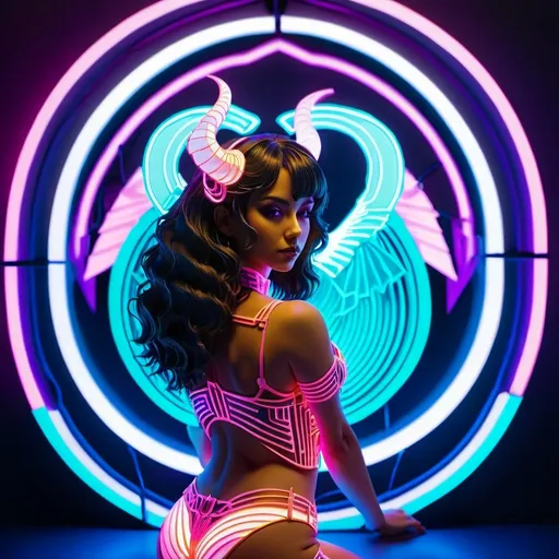 Prompt: a beautiful female demon in a dynamic pose in a retro futuristic synthwave cyberpunk neon paradise.  neon lighting, high quality, beautiful, synthwave, cyber, retro, futuristic