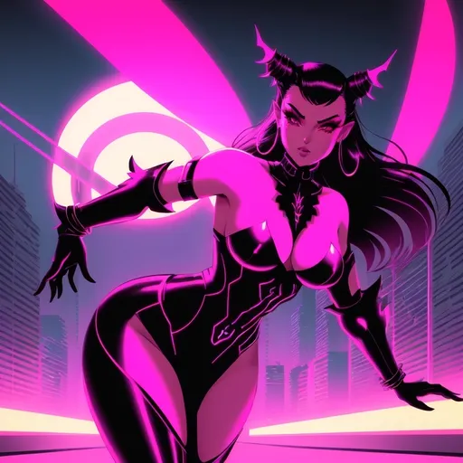 Prompt: a beautiful female demon in a dynamic pose in a retro futuristic synthwave cyberpunk neon paradise.  neon lighting, high quality, beautiful, synthwave, cyber, retro, futuristic