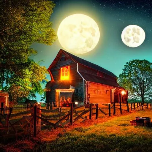 Prompt: A country farm at night with the moonlit night with people barbequing and having a good time
 