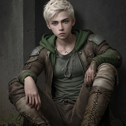 Prompt: portrait of a The 100 tv show themed Trikru transgender teenaged male warrior with short jaggedly cut platinum blonde hair and green eyes wearing tattered makeshift clothes and boots
