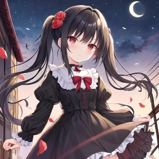 Prompt: (masterpiece, best quality:1.2), illustration, absurdres, highres, extremely detailed, 1 petite girl, black long hair, pigtail, red eyes, eye highlights, look mean, dress, short puffy sleeves, frills, outdoors, flower, fluttering petals, upper body, (moon:1.2), night, depth of field, (:d:0.8), chromatic aberration abuse,pastel color, Depth of field,garden of the sun,shiny,red tint,(Red fog:1.3)