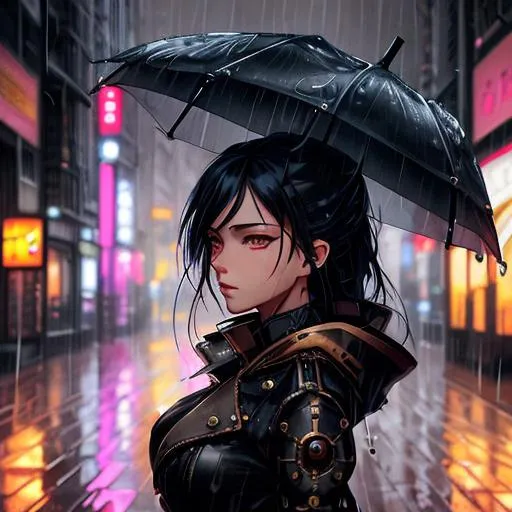 Prompt: Portrait, close up, masterpiece, steampunk woman walking down the street in the rain, artwork in the style of guweiz, style of alena aenami, rainy evening, anime style. 8k, urban girl fanart, anime style mixed with fujifilm, digital art ilya kuvshinov, tokyo anime scene, rainy night, ilya kuvshinov landscape, indoor vision, Nikon D85, Cinestill 800, f1. 6, Rich and vibrant colors and photographic film | depth of field | Realistic texture and impressive details | Dramatic lighting to highlight the scene. | Vibrant contrast to enhance the elements, Inspired by Zaha Hadid , renzo piano & PATRICK BLANC