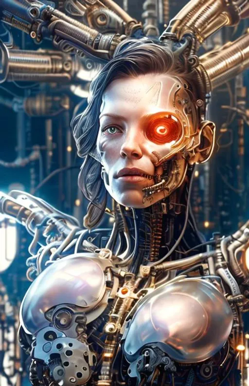 Prompt: closeup portrait of @me as a cyborg, mechanical parts, ultra realistic, concept art, intricate details, eerie, highly detailed, photorealistic, 8k, unreal engine. art by artgerm and greg rutkowski and charlie bowater and magali villeneuve and alphonse mucha, golden hour, cyberpunk, robotic, steampunk, neon colors, metallic textures.