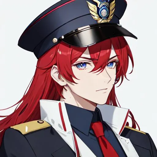 Prompt: Zerif 1male as a male police officer (Red side-swept hair covering his right eye)UHD, 8K, Highly detailed, insane detail, best quality, high quality, wearing a blue male police uniform, anime style, tilting his hat,