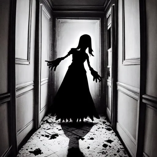 Prompt: a ghastly female ghost holding out her arms and beckoning you in to abandoned room. shadowy and eerie clear features
