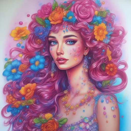 Prompt: A beautiful and colourful Persephone whose hair is made of clouds that rains down flowers made of jewels, while chickadees fly around her; in a photorealistic impressionistic Disney Lisa Frank style out of gel pen