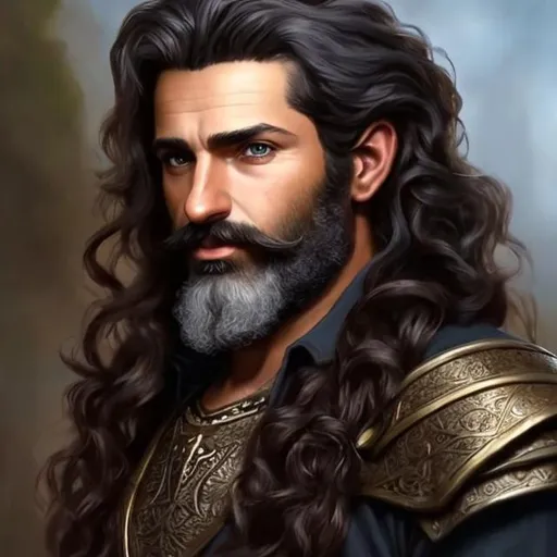 Prompt: realistic painting, fantasy character art,40-year-old male,dark-skinned,hair is short on sides and longer on top,wavy black hair,neatly-trimmed beard,necromancer,black-armor