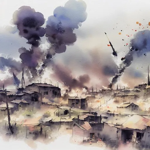 Prompt: Village airstrike in watercolor