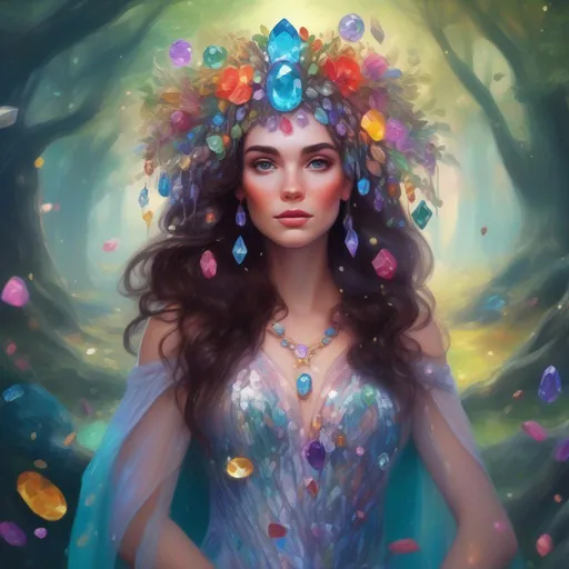 Prompt: A colourful, beautiful brunette, Persephone, in a beautiful flowing dress made of glittering gemstones, wearing a gemstone headdress in a forest of magical trees. In a painted Disney style.