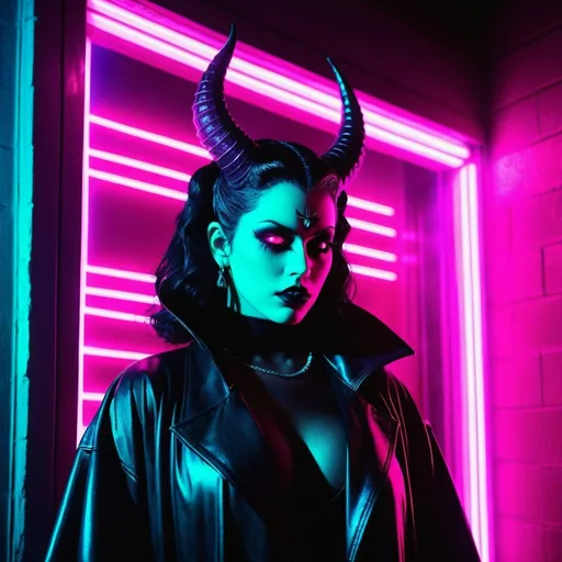 Prompt: demon, hell, demonic, gothic, vaporwave, retro, neon, aesthetic, liminal, high quality, high definition, beautiful, dramatic lighting