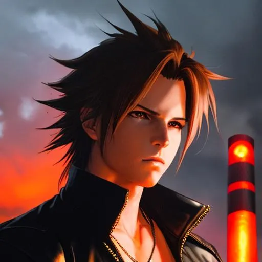 Prompt: A very dramatic portrait of Squall from Final Fantasy being watched by a traffic cone, dramatic lighting, fiery background