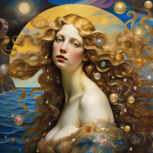 Prompt: Detailed, intricate, complex, psychodelic, all hues, all shades, light and dark, colourful, vibrant, shimmering, dramatic lighting, new version of The Birth of Venus , inspired by Gustav Klimt, the Prerafaelites, Leonardo da Vinci, Sandro Botticelli, James McNeill Whistler and Joseph Mallord William Turner with touches of gold and silver.