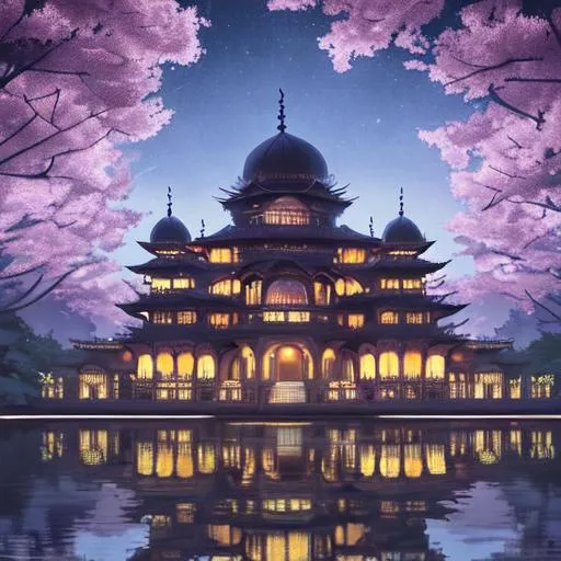 Prompt: An AI art of the front view of a 5-floor palace. The hybrid architecture should lean most towards the Islamic Persian style and slightly towards the Victorian Gothic Revival style. It should have some hints of Japanese themes as well. In the art style of Makoto Shinkai. Beautiful, night sky, ambiance, fireflies, flying lanterns, lake, reflection, cherry blossoms, petals, mountains, 8k.