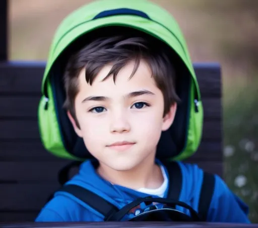 Prompt: A boy sitting on a bench in a peaceful meadow, wearing a backpack saying "PrestonPlayz" on it.