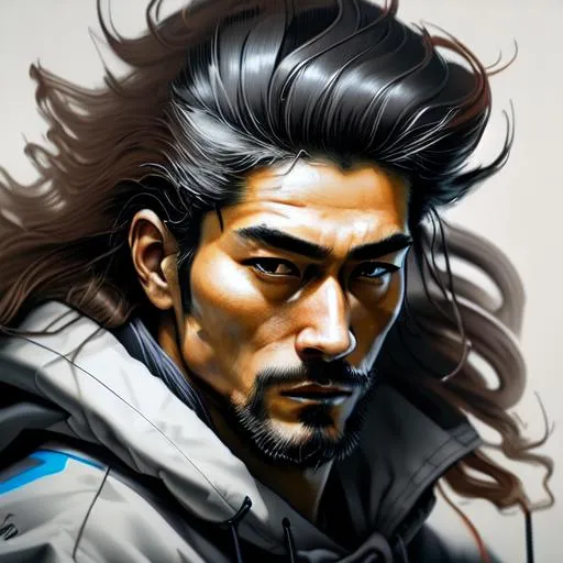 Prompt: Portrait of {Japanese ronin robot} ,male with long wavy hair, perfect composition,chiaroscuro, hyperrealistic, super detailed, 8k, high quality, trending art, trending on artstation, sharp focus, intricate details, highly detailed, by greg Rutkowski, Ryan Hewett 