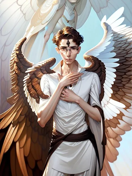 Prompt: symmetry!! portrait of a skinny man angel with glasses AND straight brown hair, havon big wings, with an halo, face close - up, intricate, elegant, highly detailed, digital painting, artstation, concept art, smooth, sharp focus, illustration, art by artgerm and greg rutkowski and alphonse mucha