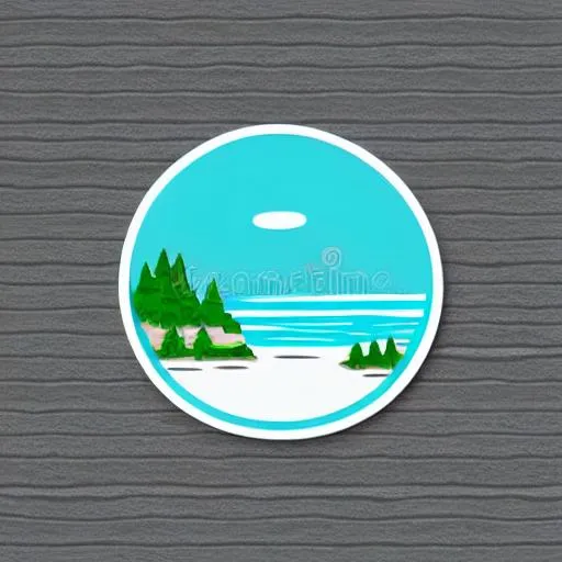 Prompt: Simple die-cut sticker, Cute kawaii blue river lined with gray rocks and green trees sticker, gray background, white outline, square, illustration minimalism, vector, pastel colors