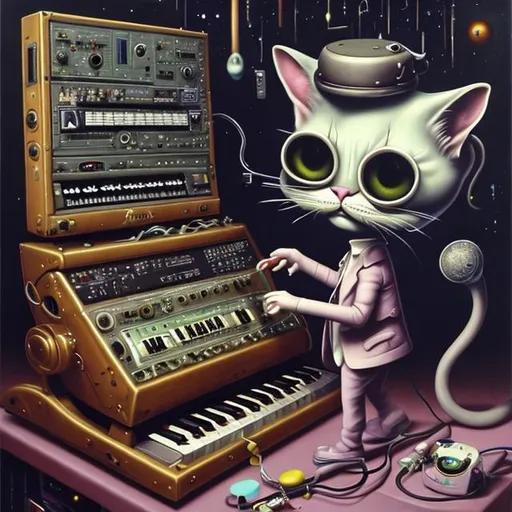 Prompt: a painting of a cat playing a synth, a surrealist painting by Mark Ryden, deviantart, pop surrealism, mark ryden in the style of, mark ryden style, mark ryden highly detailed