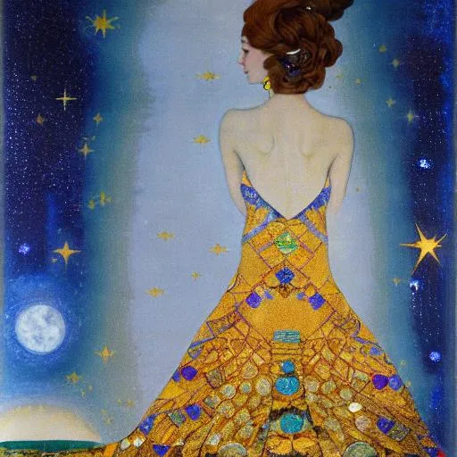 Prompt: A night sky, with a beautiful female Gemini zodiac sign walking towards the moon, pretty blue eyes, perfect proportions, perfect symmetry,  red and bronze tints, style by Gustaf Klimt 