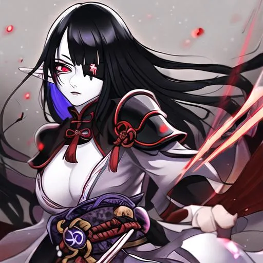 Prompt: Female pale  elf with black hair, red right eye with a eye patch over her left eye, and dressed as Raiden Shogun
