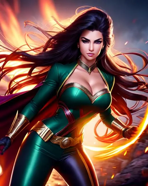 Prompt: ((best quality)) Splash art if the country of Mexico was a superhero hyperdetailed hair, master piece, hyperdetailed full body,  face, cinematic glamour lighting, backlight, action shot, intricately hyperdetailed, perfect face, perfect body, perfect anatomy, hyperrealistic, epic fantasy, sharp focus, glamour, volumetric studio lighting, triadic colors, occlusion, ultra-realistic, 3d lighting,  professional, perfect composition, unreal engine 8k octane, 3d lighting, UHD, HDR, 8K, render, HD, trending on artstation, full body front view