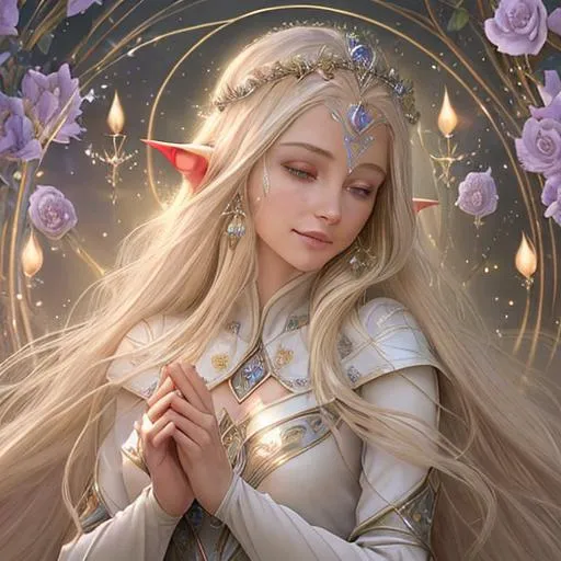 Prompt: Zoom in Portrait Very beautiful ethereal highelf queen spirit surrounded by many floating orbs of pale light (Masterpiece), long pointed elven ears, gentle eyes and smile, gentle sparks of light, opalblonde hair, (Masterpiece), in a throneroom,  very beautiful woman, fantasy, beautiful dancing pose, royal elven throneroom background, realistic flowers and plants,, constellation-like design translucent see through Dress, throneroom lovely opalblonde hair, cinematic light, beautiful woman, beautiful eyes, long hair, perfect anatomy, very pretty, princess eyes, fantastic, stylised animation, bioluminescent, life size, 32K resolution, human hands, mysterious shape, graceful, almost perfect, dynamic angles, highly detailed, figure sheet, concept Art, smooth, symmetrical, balanced placement, fashion pose, 20s beauty, great hair, overhead space