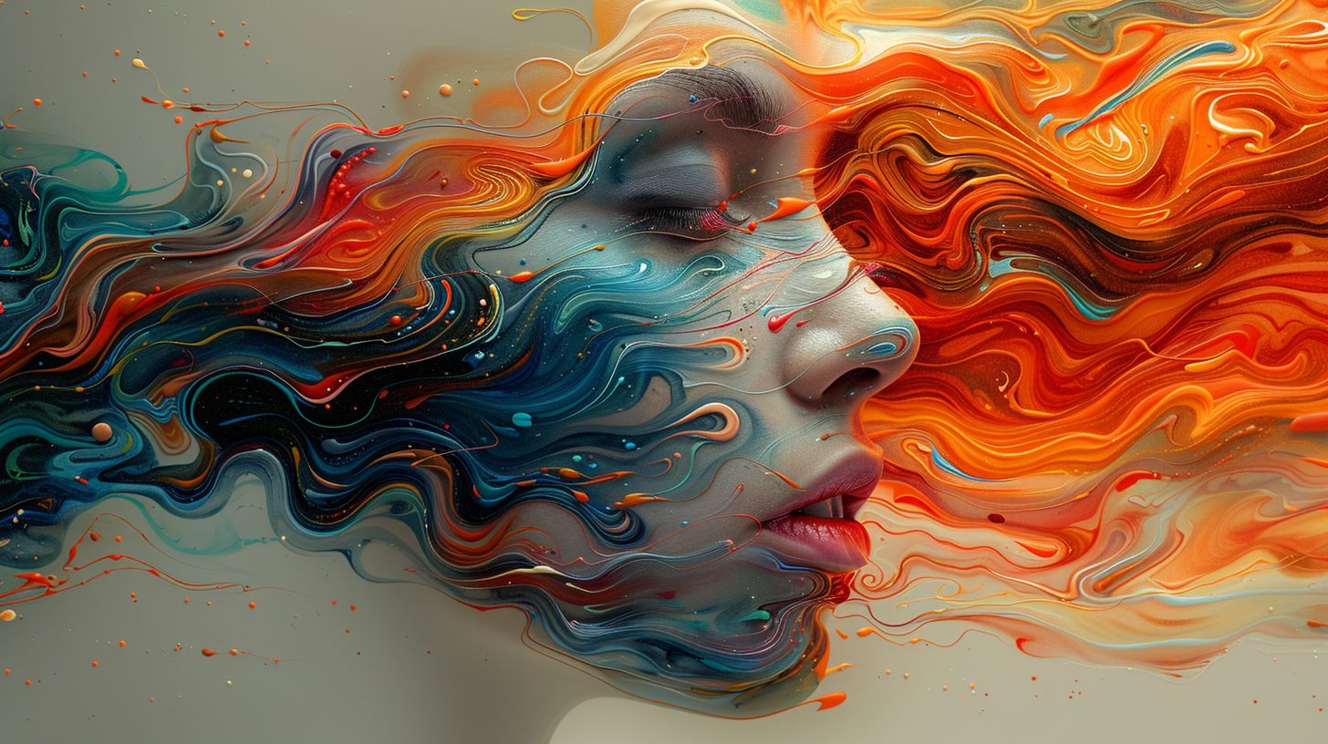 Prompt: A surreal artwork depicting the abstract representation of facial expressions through vibrant colors and swirling patterns, creating an immersive visual experience that blurs the lines between reality and imagination. The focus is on the face in the style of expression.