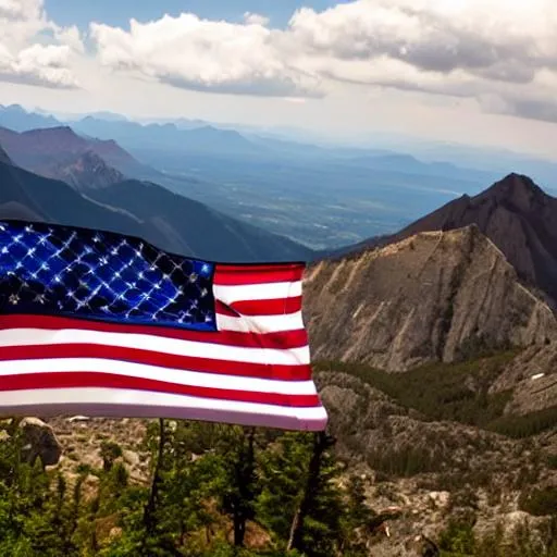 Prompt: a US flag on a mountain