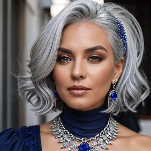 A woman with silver hair wearing sapphire jewelry 