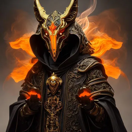 Prompt: high-quality high-detail highly-detailed breathtaking Villen ((by Aleksi Briclot and Stanley Artgerm Lau)) - ((a warlock)), hooded orange detailed fox warlock rich golden ornate robes casting smoke in hands, flying, smoke in feets, glowing, highly detailed vintage brass jester mask, add some orange smoke in his hands, glowing chest emblem , smooth detailed shoulder plates, detailed ivory, full body, fantasy robes,, wearing mime mask, 8k,  full form, detailed library setting, full form, epic, 8k HD, ice, sharp focus, ultra realistic clarity. Hyper realistic, realistic, close to perfection, high quality cell shaded illustration, ((full body)), dynamic pose, perfect anatomy, centered, freedom, soul, approach to perfection, cell shading, 8k , cinematic dramatic atmosphere, watercolor painting, global illumination, detailed and intricate environment, artstation, concept art, fluid and sharp focus, volumetric lighting, cinematic lighting.
