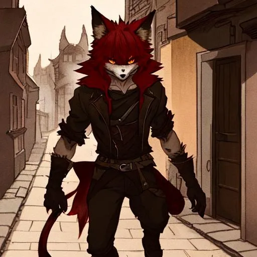 Prompt: Depict a fox rogue character stealthily emerging from a dark backstreet. . The character is male, has dark red fur  but a human face. He has fox ears and a fox tail.
