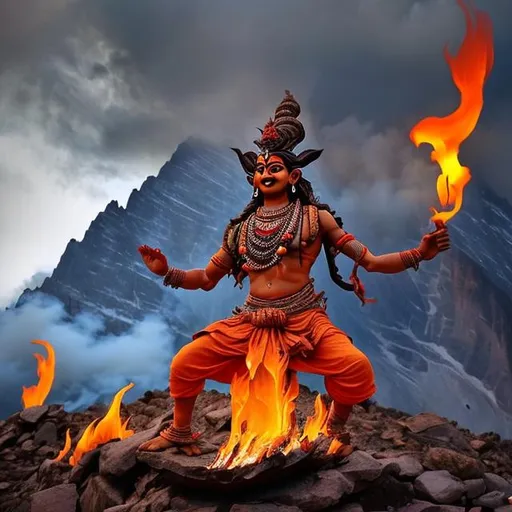 Prompt: Shiv ji dancing very angrily on kailash mountain all around is fire and clouds. And all the god standing in the background to make happy to lord shiva
