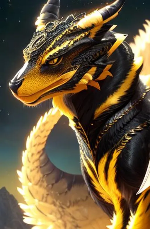 Prompt: Portrait of an wyvern with striking galactic fur and black and gold markings and a cute face, castle background, perfect composition, hyperrealistic, super detailed, 8k, high quality, trending art, trending on artstation, sharp focus, studio photo, intricate details, highly detailed, by greg rutkowski