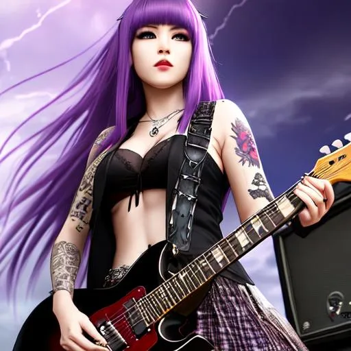 Prompt: full body portrait of pale female asian rocker, at a graveyard, plaid skirt,skinny, fit, holding fender guitar between legs, 30 years old, on a speaker, body tattoos of dragons, long purple hair with white highlights, sad face, parted bangs, brown eyes, ethereal, black v shirt, cleavage, spiky hair, royal vibe, highly detailed, digital painting, trending on artstation , HD quality, smokey eyes,artgerm, by Ilya Kuvshinov